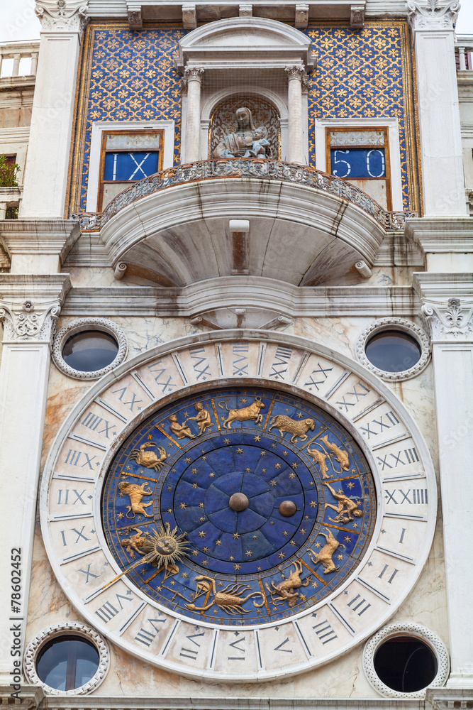 Detail of the Clock Tower in Venice, Italy.