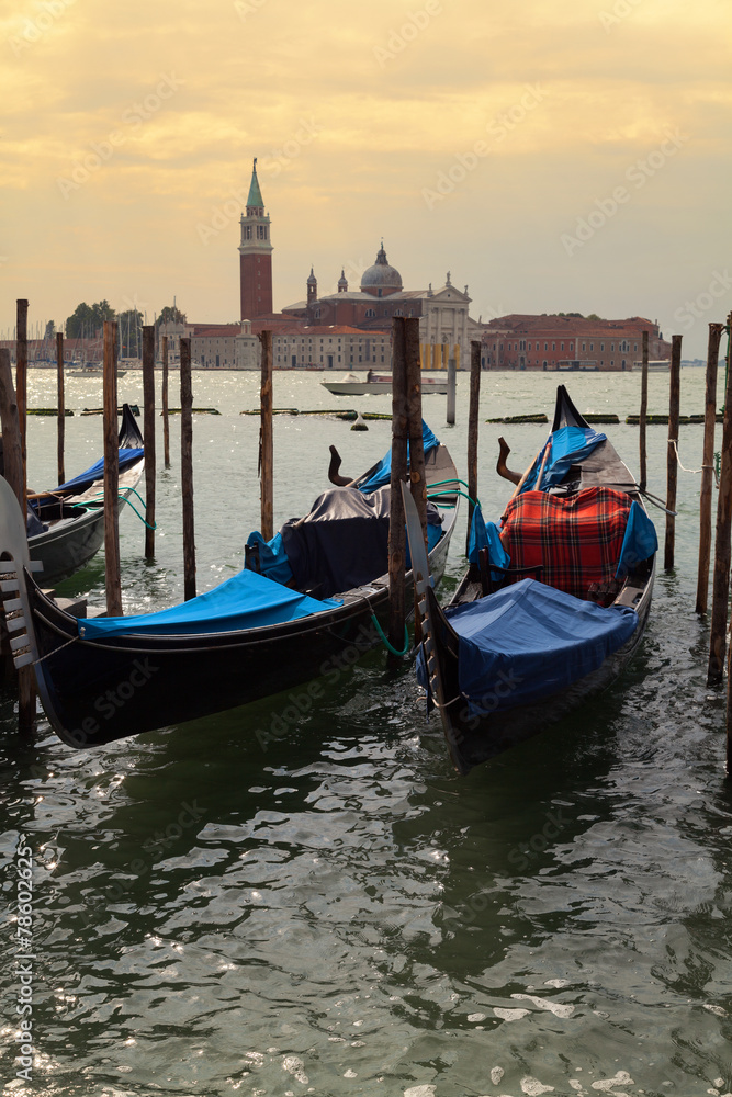 Moored gondolas in Venice, Italy.