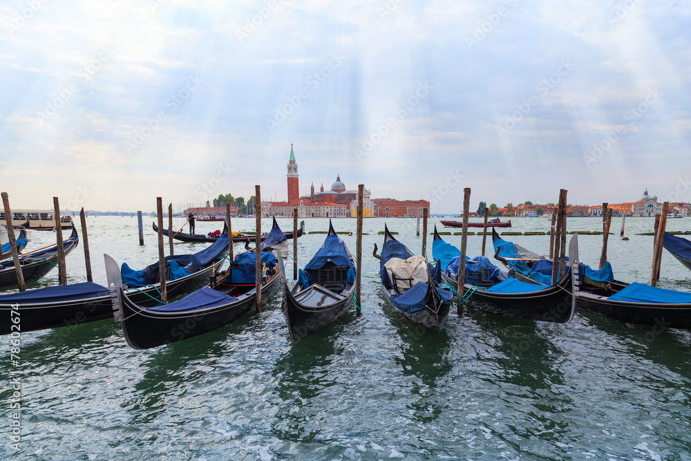 Moored gondolas in Venice, Italy