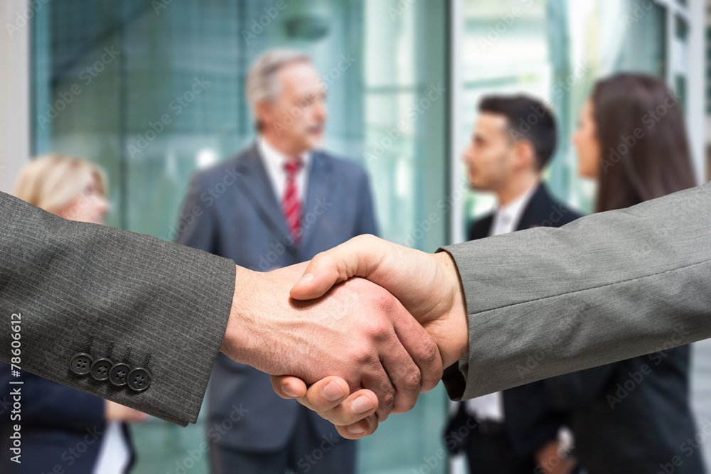 Business handshake. People talking in the background Business handshake. People talking in the background