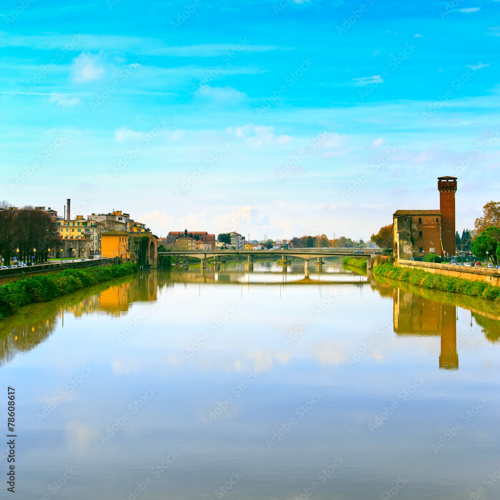 Pisa, Arno river and bridge. Lungarno view. Tuscany, Italy