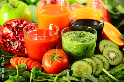 Glasses of fresh organic vegetable and fruit juices