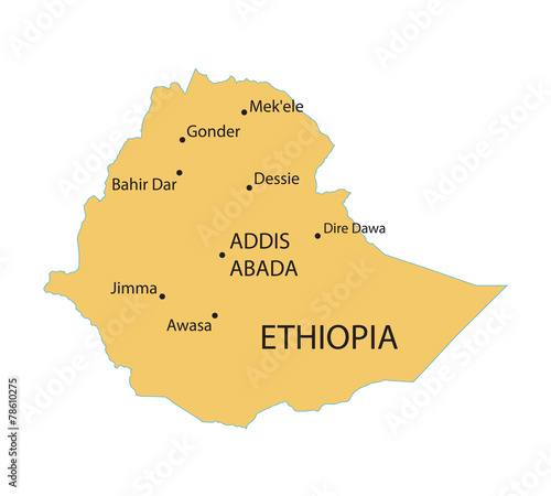 yellow map of Ethipia with indication of largest cities
