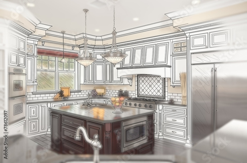 Beautiful Custom Kitchen Design Drawing with Ghosted Photo Behin photo