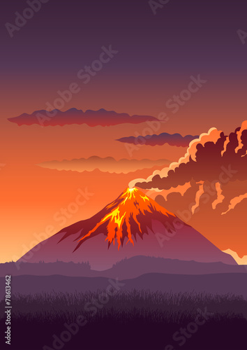 Canvas-taulu Vector illustration of a volcano erupting