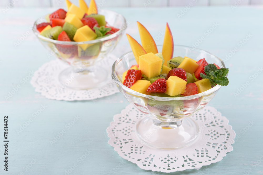 Fruit salad with mint in glassware Fruit salad with mint in glassware