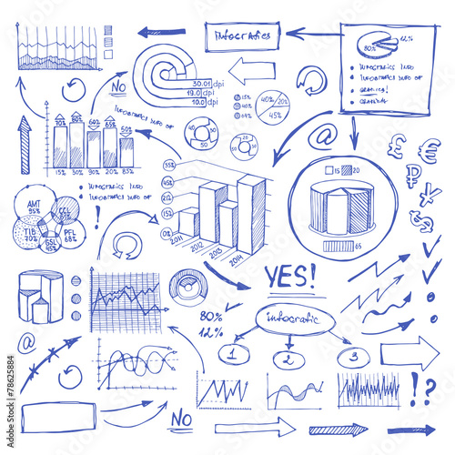 Doodle Blue Business Charts and Arrows on White