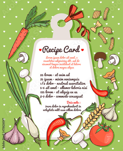 Recipe card with fresh vegetables and pasta