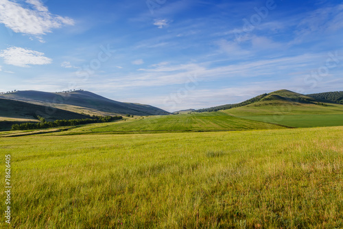 Fields and low mountains of Khakassia.