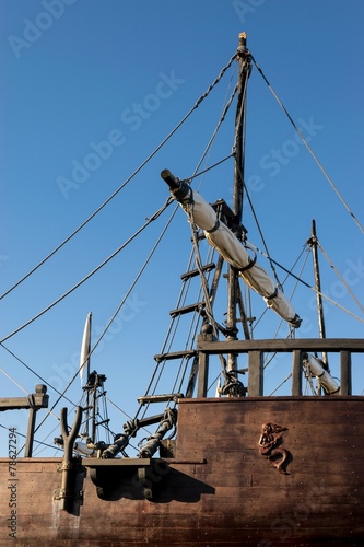 Caravel, detail of ropes, ladder and folded sails