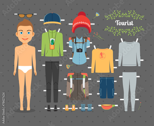 Tourist Boy Paper Doll with Clothes and Shoes