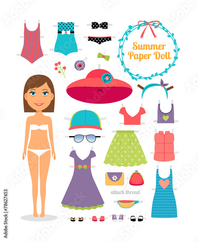 Summer paper doll. Girl with dress and hat