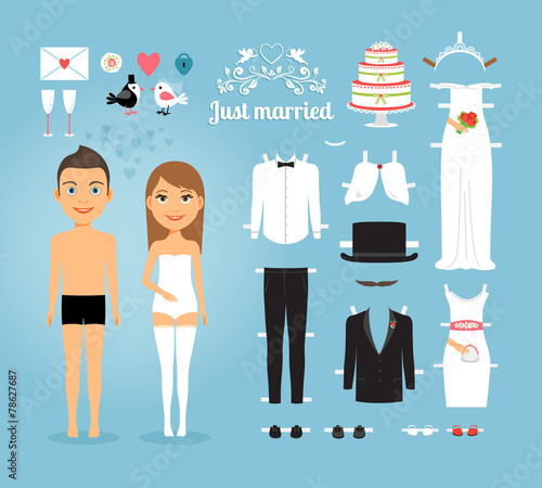 Just Married Paper Dolls with Set of Wedding Stuff