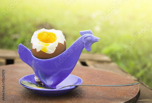 Photos soft boiled egg  in eggcup in form of chicken on nature