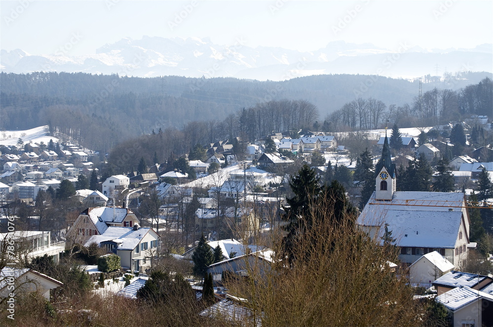 Langnau am Albis im Winter - mit Blick  auf Sihlwald