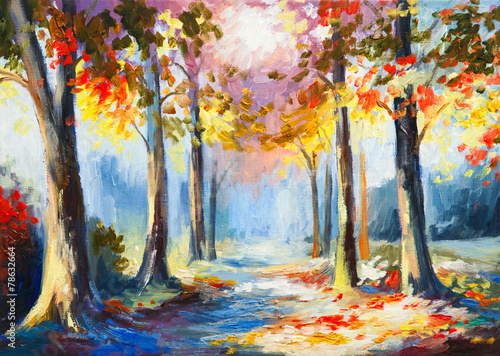 oil painting - colorful spring landscape, road in the forest, ab