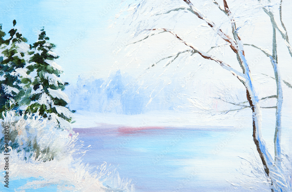 Naklejka premium oil painting winter landscape, frozen river in the forest, color