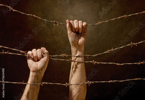 hands hanging on the barbed wire Fototapet