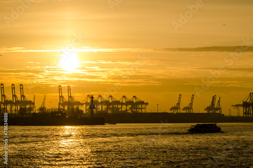 Blick bei Sonnenuntergang  auf Elbe Terminalhafen und Kr  ne