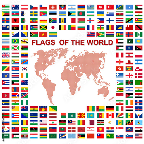 Flags of the world and map on white background. Vector illustra