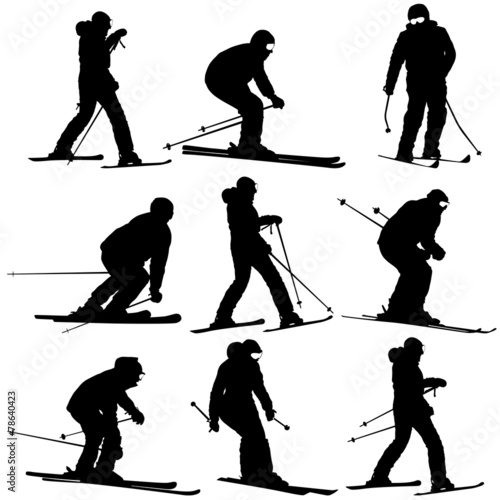 Mountain skier   men and woman speeding down slope. Vector sport