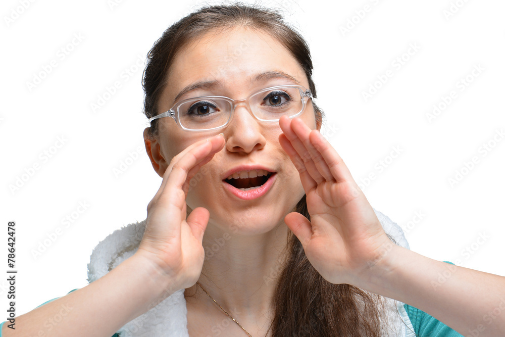 Junge Frau ruft StockFoto Adobe Stock