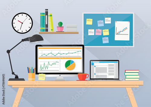 Computer desk, workplace cartoon, business concept