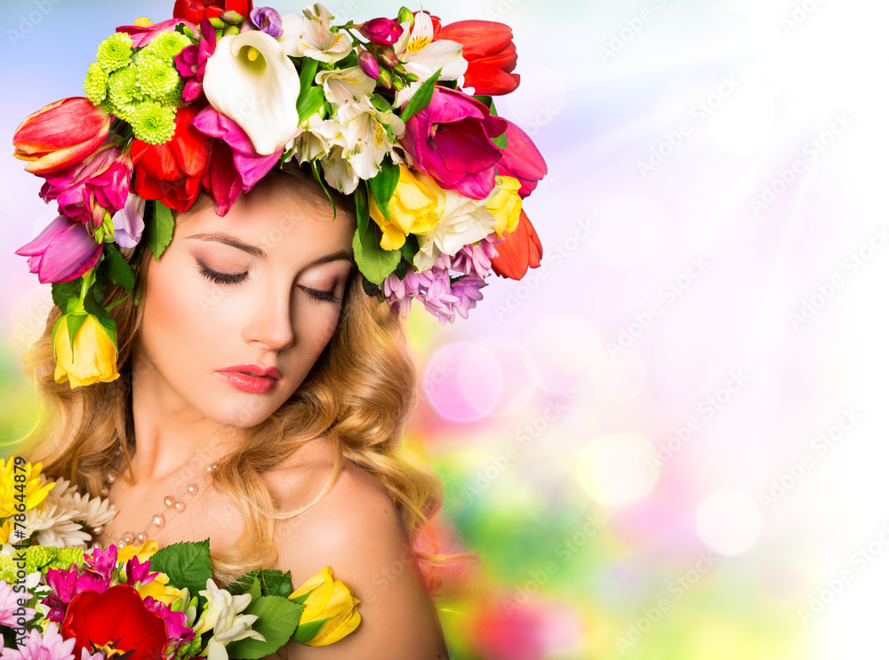 Spring portrait. Beauty hairstyle with flowers - obrazy, fototapety, plakaty 