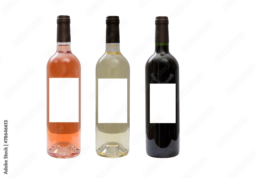 White, rose, and red wine bottles set 