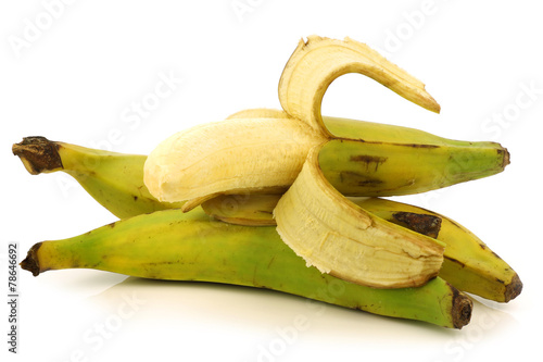 Bilde på lerret fresh still unripe plantain (baking) bananas on a white backgrou