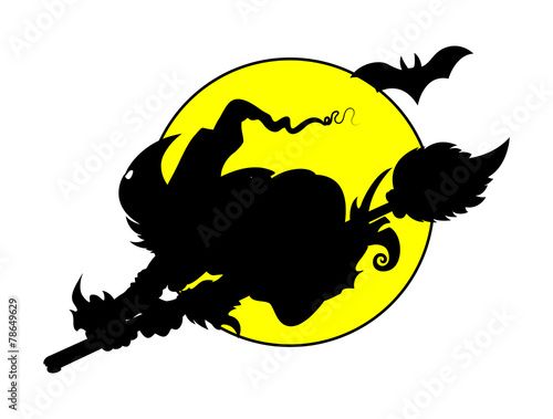 Witch Flying on Full Moon - Silhouettes - Halloween Vector