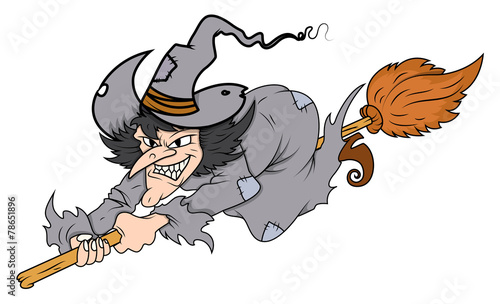 Cartoon Witch Flying on Her Broom - Halloween Vector