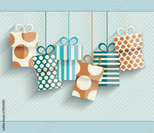 Vintage retro happy birthday card with gift boxes