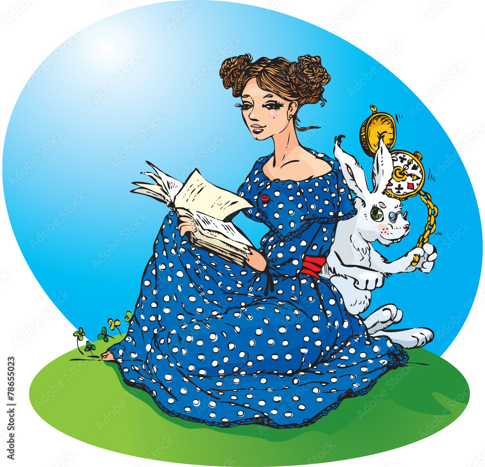 Alice`s adventures in Wonderland. Alice read a book, White Rabbi Stock ...