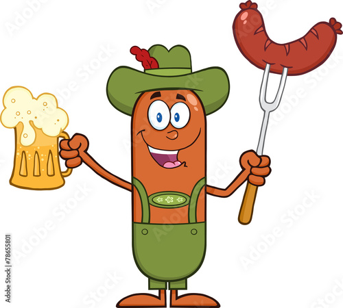 German Oktoberfest Sausage Holding A Beer And Weenie On A Fork