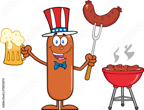 Patriotic Sausage Holding A Beer And Weenie Next To BBQ