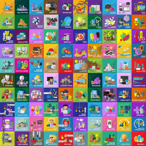 Flat Icons Set For: Web, Travel, Science, Beach, Swimming