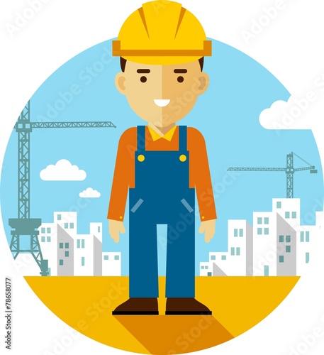 Builder on construction background in flat style