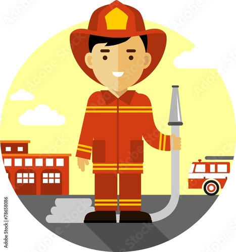 Firefighter with fire hose in flat style