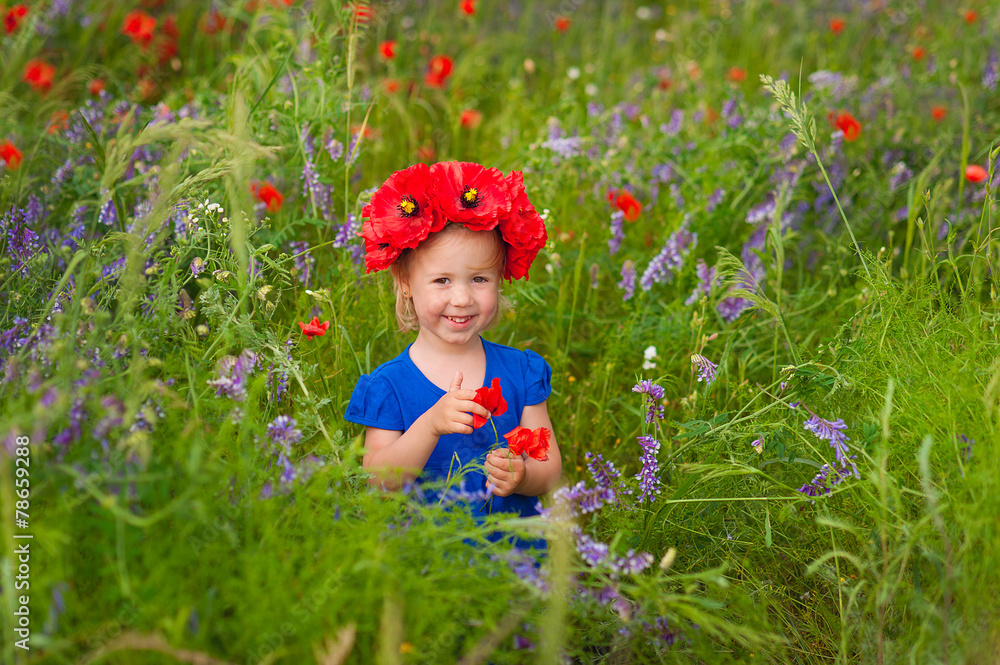 girl with flowers on her head in a field girl with flowers on her head in a field