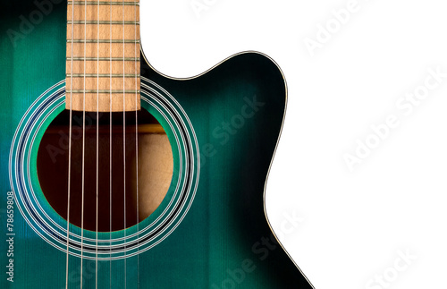 part of the black and green acoustic guitar, isolated on a white