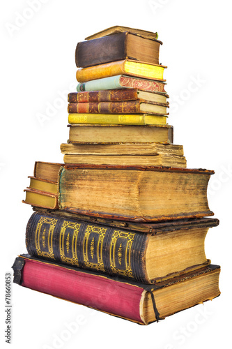 Pile of different old books isolated on white