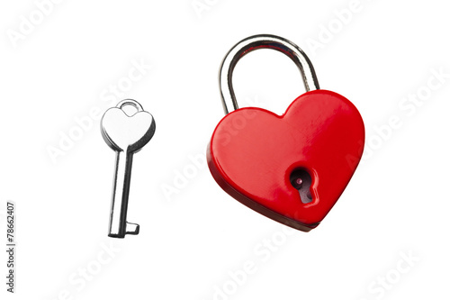 heart shaped closed lock with key, isolated on white