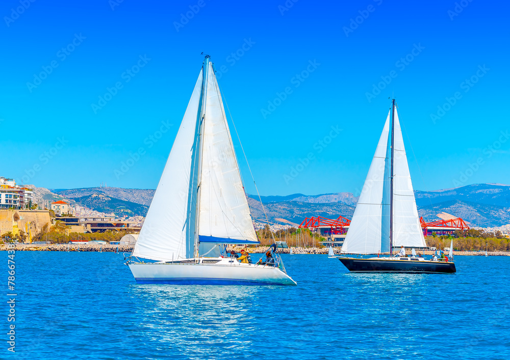 Fototapeta premium Sailing boats during a regatta at Saronic gulf in Athens Greece
