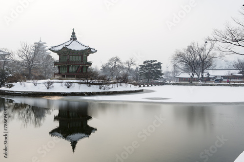 beautiful gyeongbok palace in soul, south korea - snow, winter
