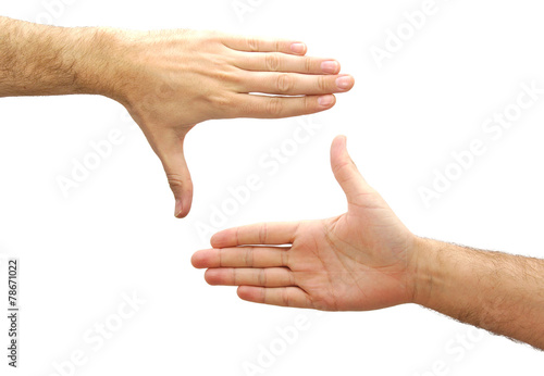 Man hands creating a frame isolated on white background