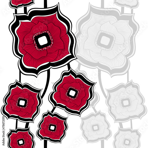 Seamless pattern with Abstract doodle square flowers  red white