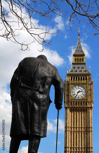 Statue of Winston Churchill and Big Ben in London