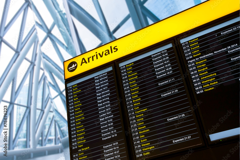 Fototapeta premium Odprawa, tablica informacyjna dotycząca odlotów i przylotów na lotnisko