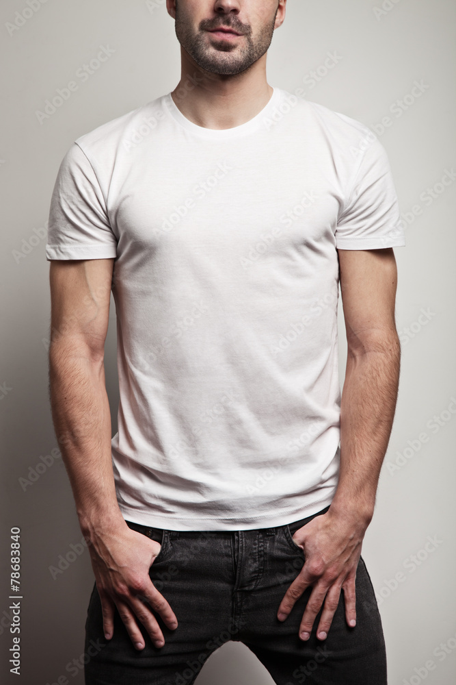 White blank t-shirt on young and handsome man, front White blank t-shirt on young and handsome man, front
